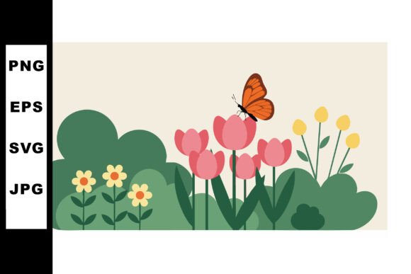 Butterfly Resting on Pink Tulips with Gr: A Versatile Illustration for Creative Projects