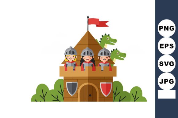 Castle with Knights and Dragon Vector Art