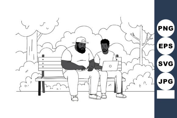 Collaboration in Nature: Two Men Sitting on Park Bench Using Laptop
