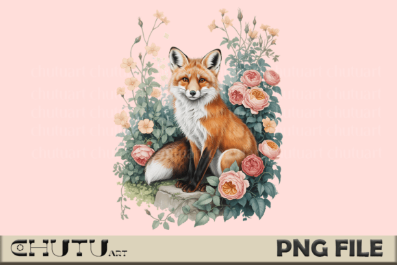 Elegant Fox with Vintage Roses PNG Design