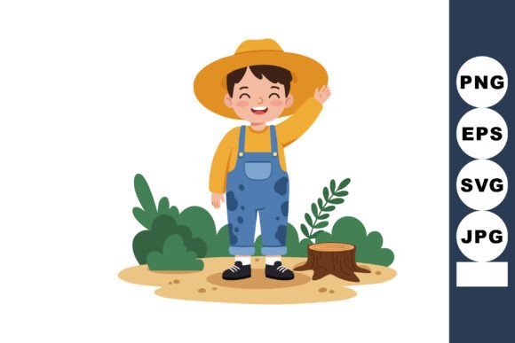 Happy Young Boy in Yellow Hat and Blue Overalls