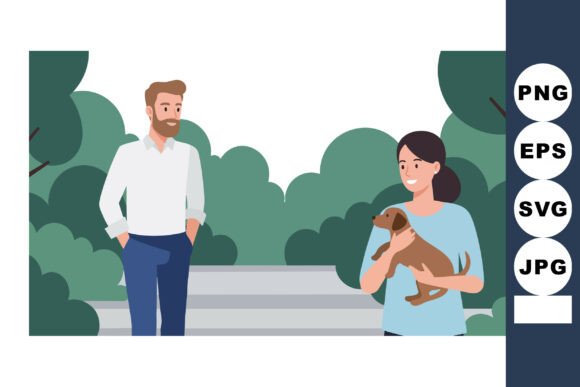 Man and Woman with Dog in Park Outdoor Scene