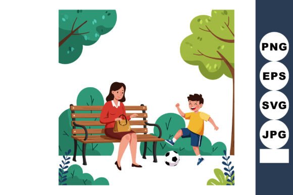 Mother Sitting on Bench Watching Son Play