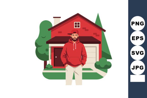 Understanding the Visual Appeal of Man Standing in Front of Red House with Vector Illustration