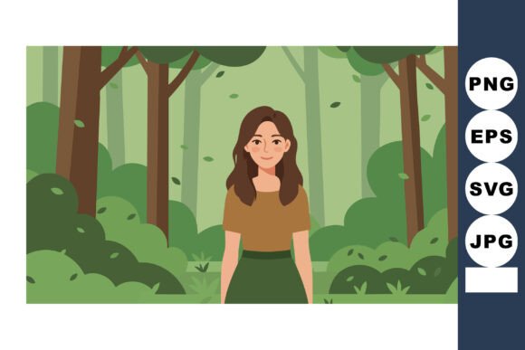 Woman Standing in Green Forest Nature Art