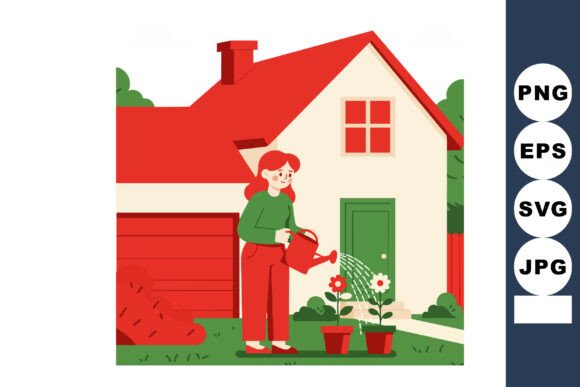 Woman Watering Plants in Garden Outside: A Visual for Creativity and Calm
